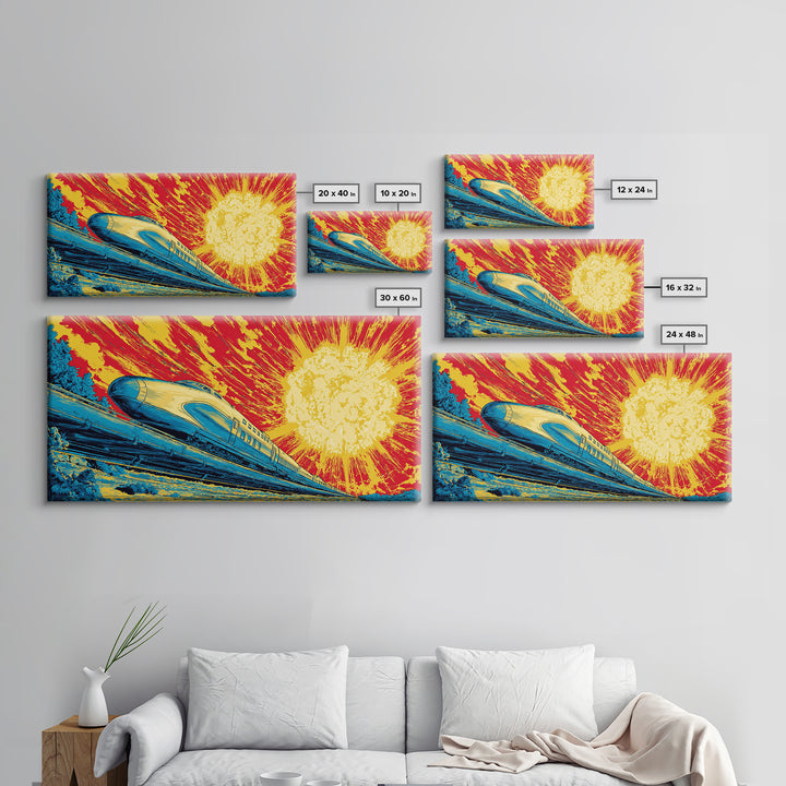 Streamlined Bullet Train Canvas Print, Blazing Solar Sky Poster, Retro Sci Fi Travel Art, Midcentury Modern Wall Decor, MCM