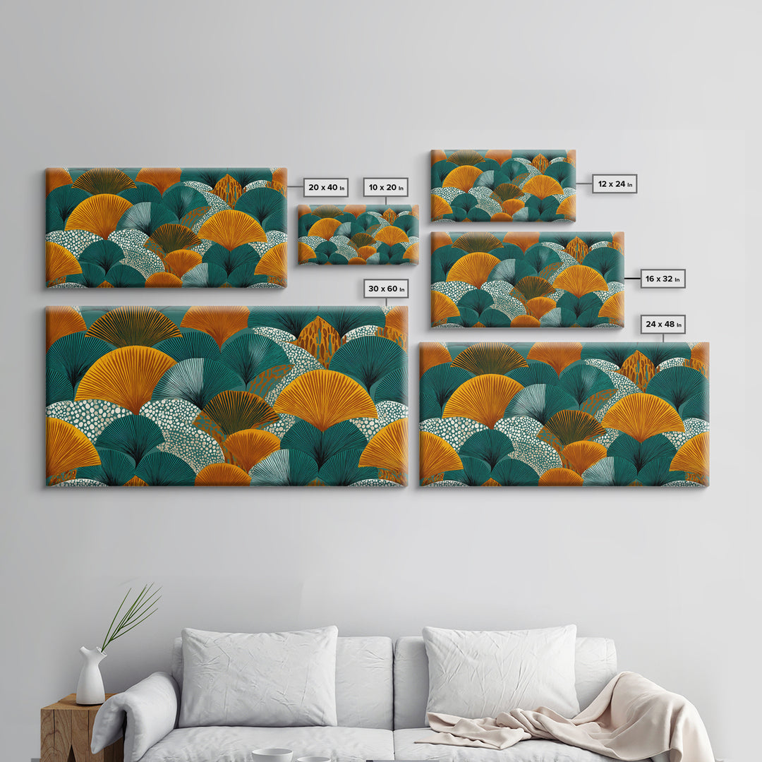 Ginkgo Fan Leaves In Teal Mustard And Aqua Canvas Print, Midcentury Modern Botanical Wall Art, Art Deco Pattern Decor Poster