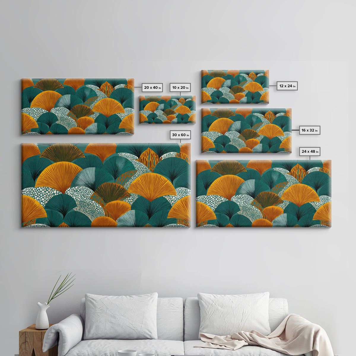 Ginkgo Fan Leaves In Teal Mustard And Aqua Canvas Print, Midcentury Modern Botanical Wall Art, Art Deco Pattern Decor Poster