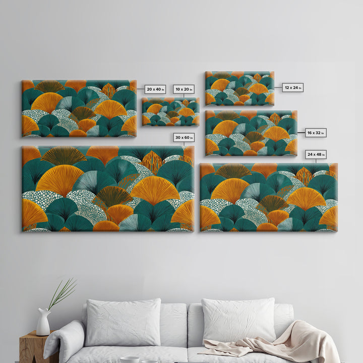Ginkgo Fan Leaves In Teal Mustard And Aqua Canvas Print, Midcentury Modern Botanical Wall Art, Art Deco Pattern Decor Poster