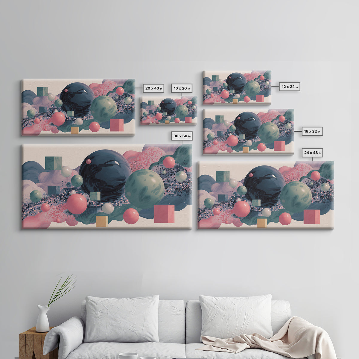 Pastel 3D Spheres And Abstract Cloudscape Framed Canvas Print, Midcentury Modern Wall Art, Retro Modern Home Decor, Gallery Wall Decor