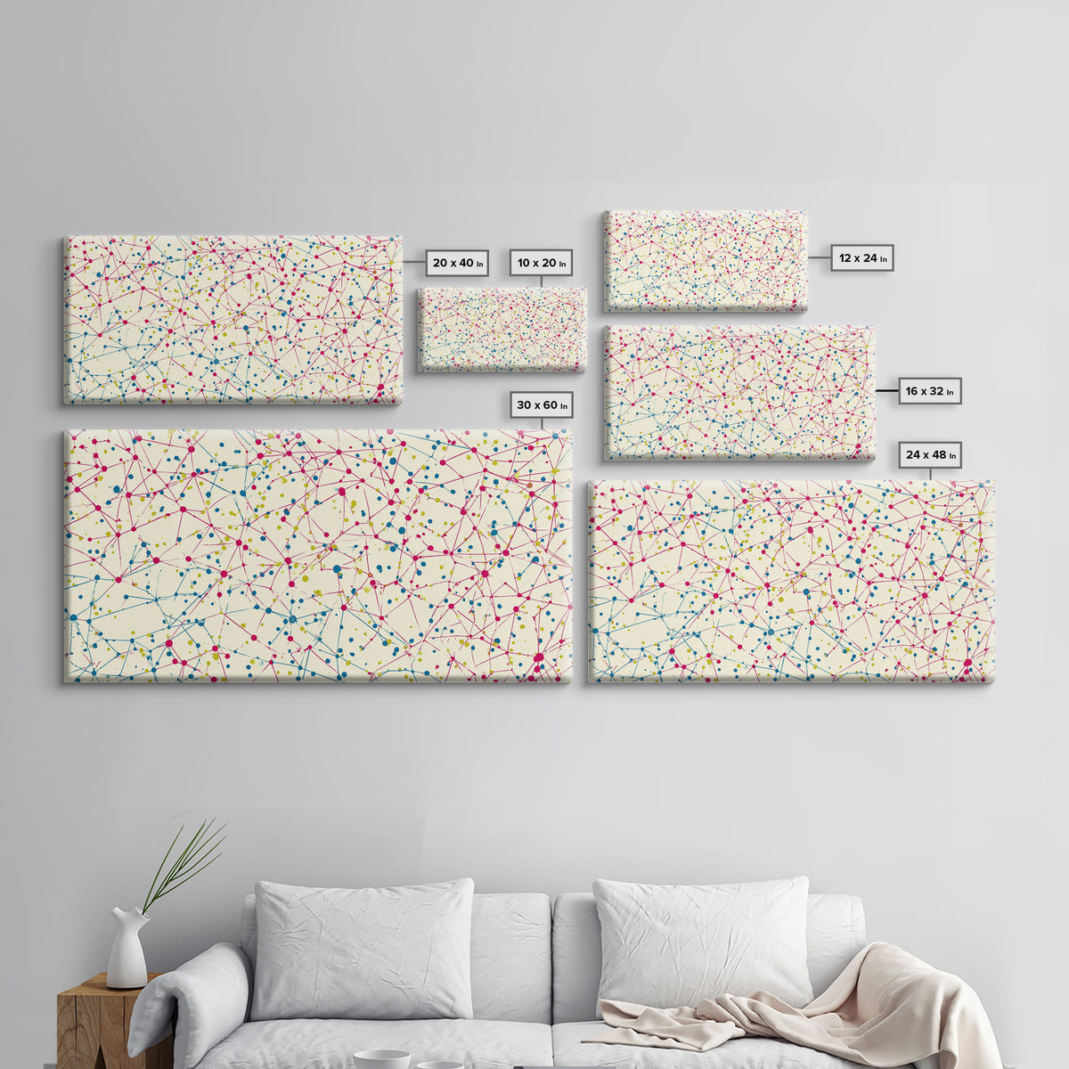 Pink Teal Yellow Connected Dot Pattern Canvas Print, Midcentury Modern Abstract Wall Art, Colorful Geometric Home Office Decor