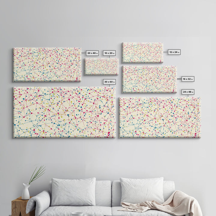 Pink Teal Yellow Connected Dot Pattern Canvas Print, Midcentury Modern Abstract Wall Art, Colorful Geometric Home Office Decor