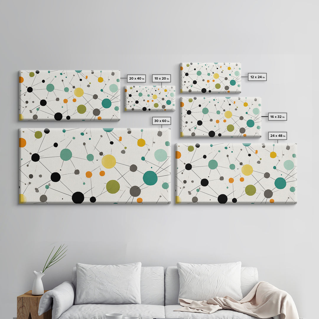 Teal Yellow Orange Atomic Circles Framed Canvas Print, Midcentury Modern Wall Art, Geometric Abstract Office And Home Decor