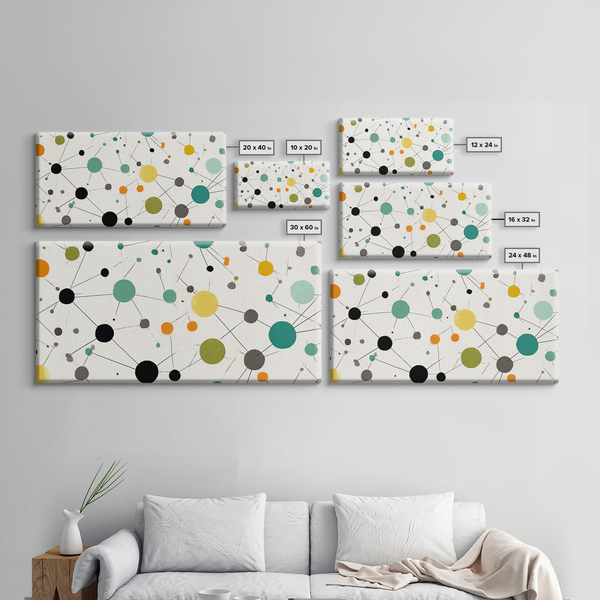 Teal Yellow Orange Atomic Circles Framed Canvas Print, Midcentury Modern Wall Art, Geometric Abstract Office And Home Decor