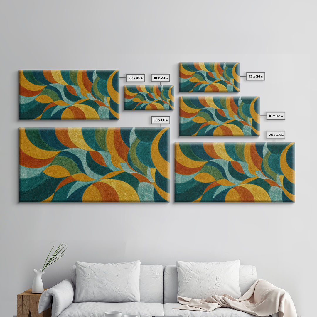 Teal Gold Orange Flowing Abstract Wall Art, Midcentury Modern Canvas Print, Retro Geometric Living Room Statement Decor Art