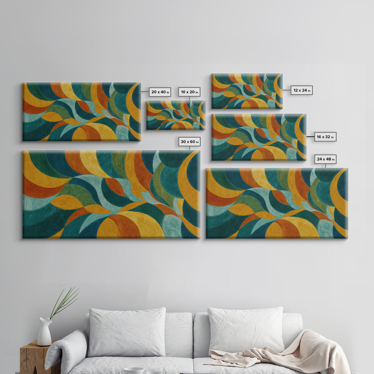 Teal Gold Orange Flowing Abstract Wall Art, Midcentury Modern Canvas Print, Retro Geometric Living Room Statement Decor Art