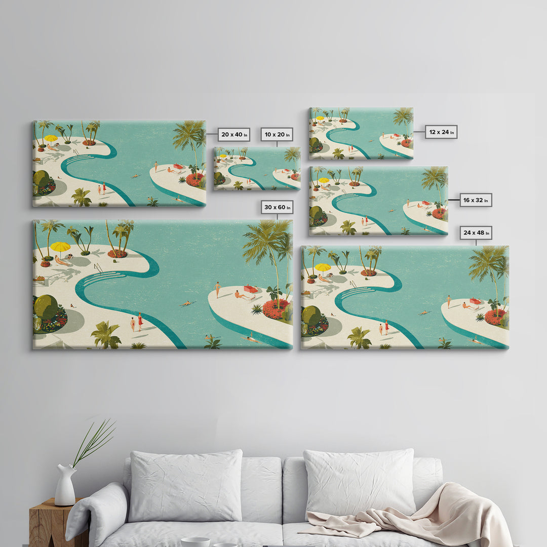 Retro Palm Resort Pool With Turquoise Lagoons Wall Art, Mid Century Modern Decor, MCM Travel Poster, Coastal Home Print Gift