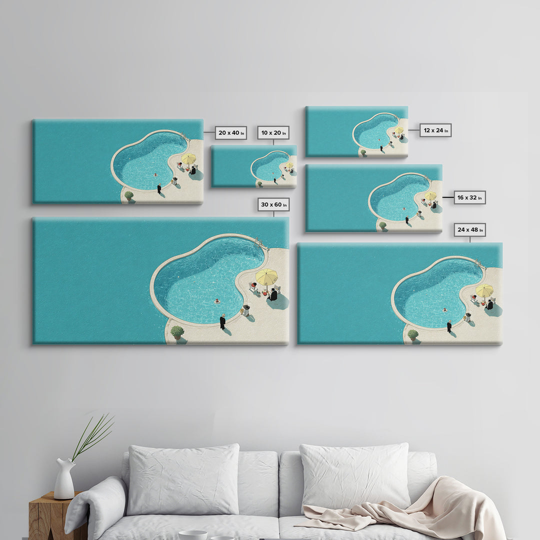 Minimal Aqua Kidney Pool With Umbrellas Canvas Print, Mid Century Modern Wall Decor, Retro Resort Poster, Coastal Pool Art