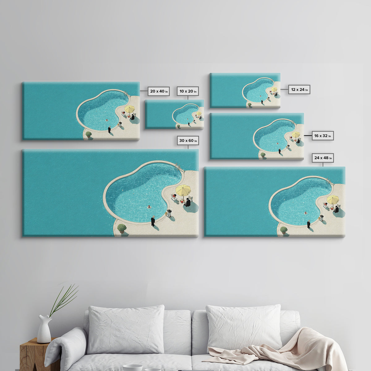 Minimal Aqua Kidney Pool With Umbrellas Canvas Print, Mid Century Modern Wall Decor, Retro Resort Poster, Coastal Pool Art