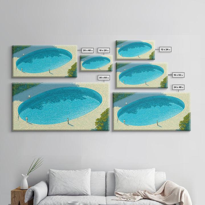 Oval Blue Swimming Pool And Garden Wall Art, Mid Century Modern Decor, Minimalist Coastal Print, Retro Summer Poster, Home Decor