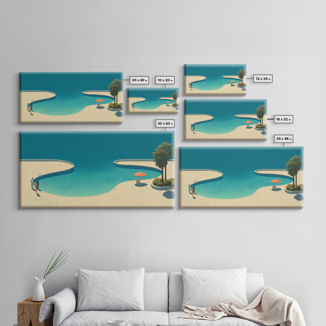 Serene Lagoon Pool With Palm And Umbrella Framed Canvas Print, Mid Century Modern Wall Decor, Retro Coastal Resort Art Poster