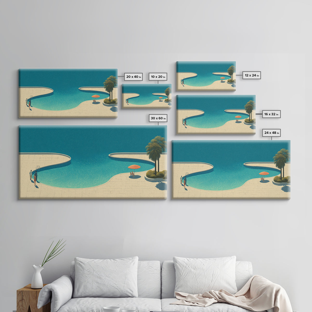 Serene Lagoon Pool With Palm And Umbrella Framed Canvas Print, Mid Century Modern Wall Decor, Retro Coastal Resort Art Poster