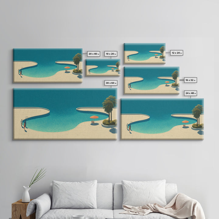 Serene Lagoon Pool With Palm And Umbrella Framed Canvas Print, Mid Century Modern Wall Decor, Retro Coastal Resort Art Poster