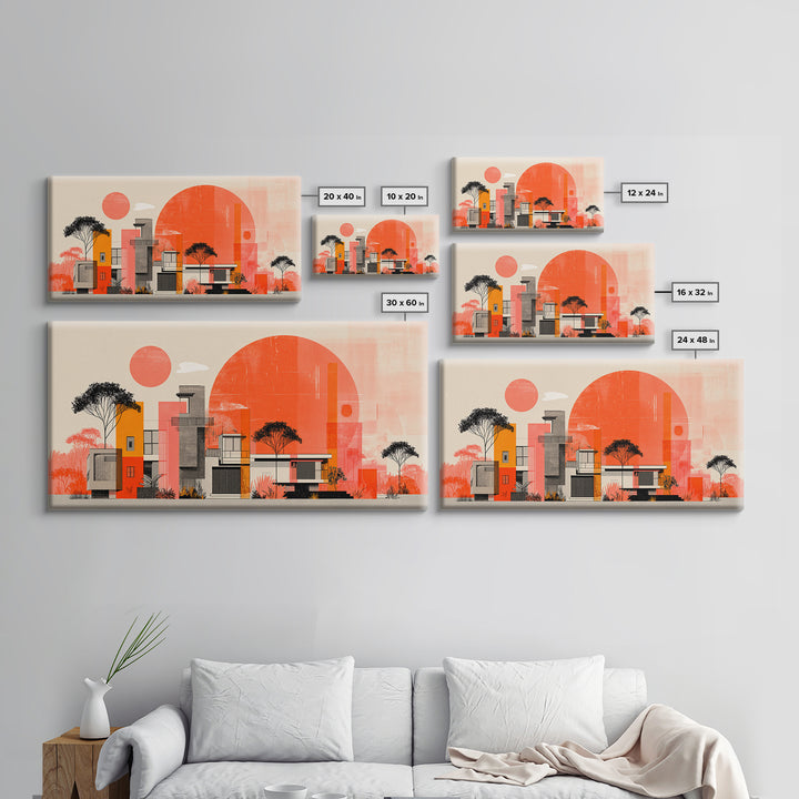 Orange Modernist Architecture And Red Sun Wall Art, Mid Century Modern Decor, Abstract Desert Print, Bauhaus Style Poster