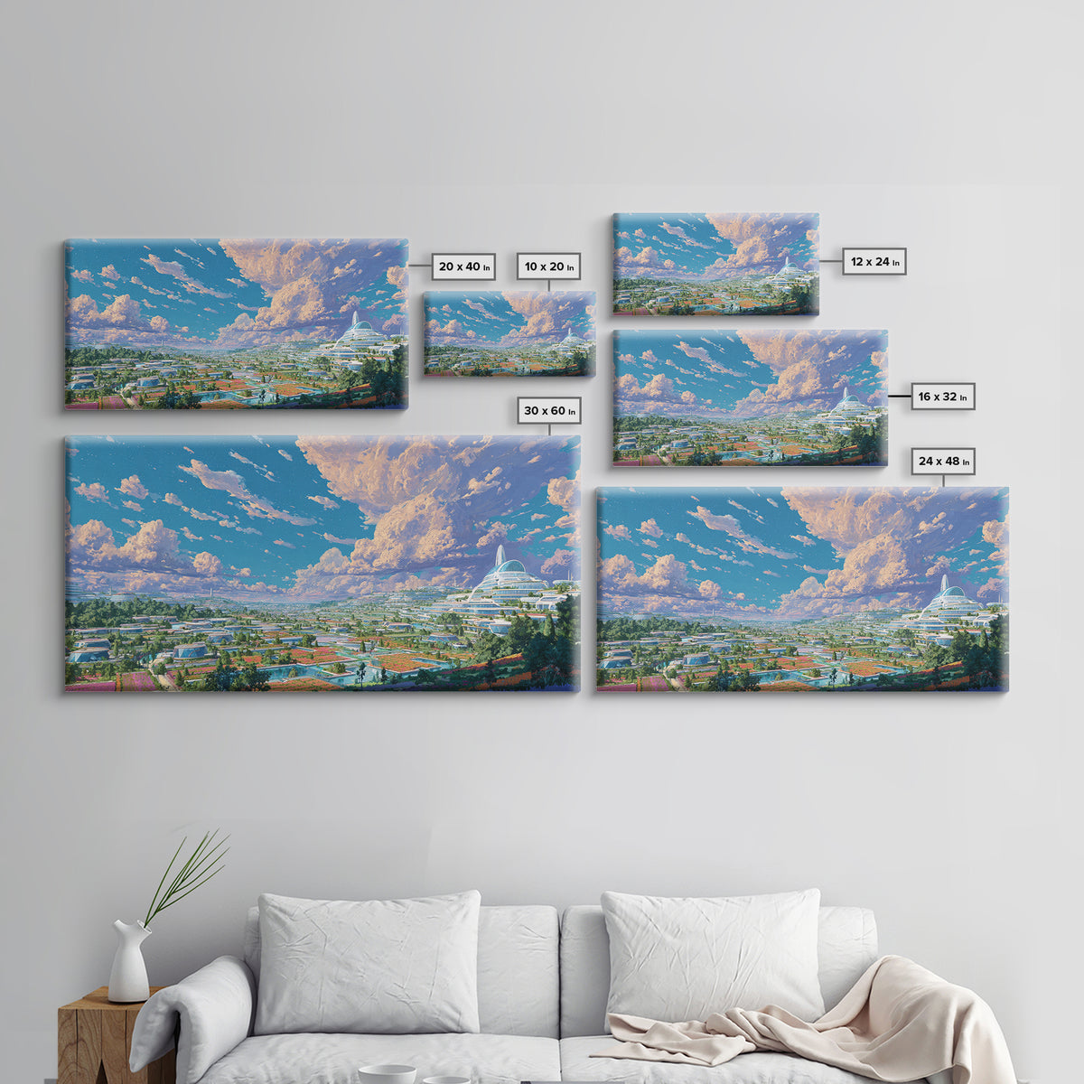 Futuristic Eco City Under Big Clouds Canvas Print, Sci Fi Landscape Wall Decor, Modern Utopia Poster, Panoramic Home Art