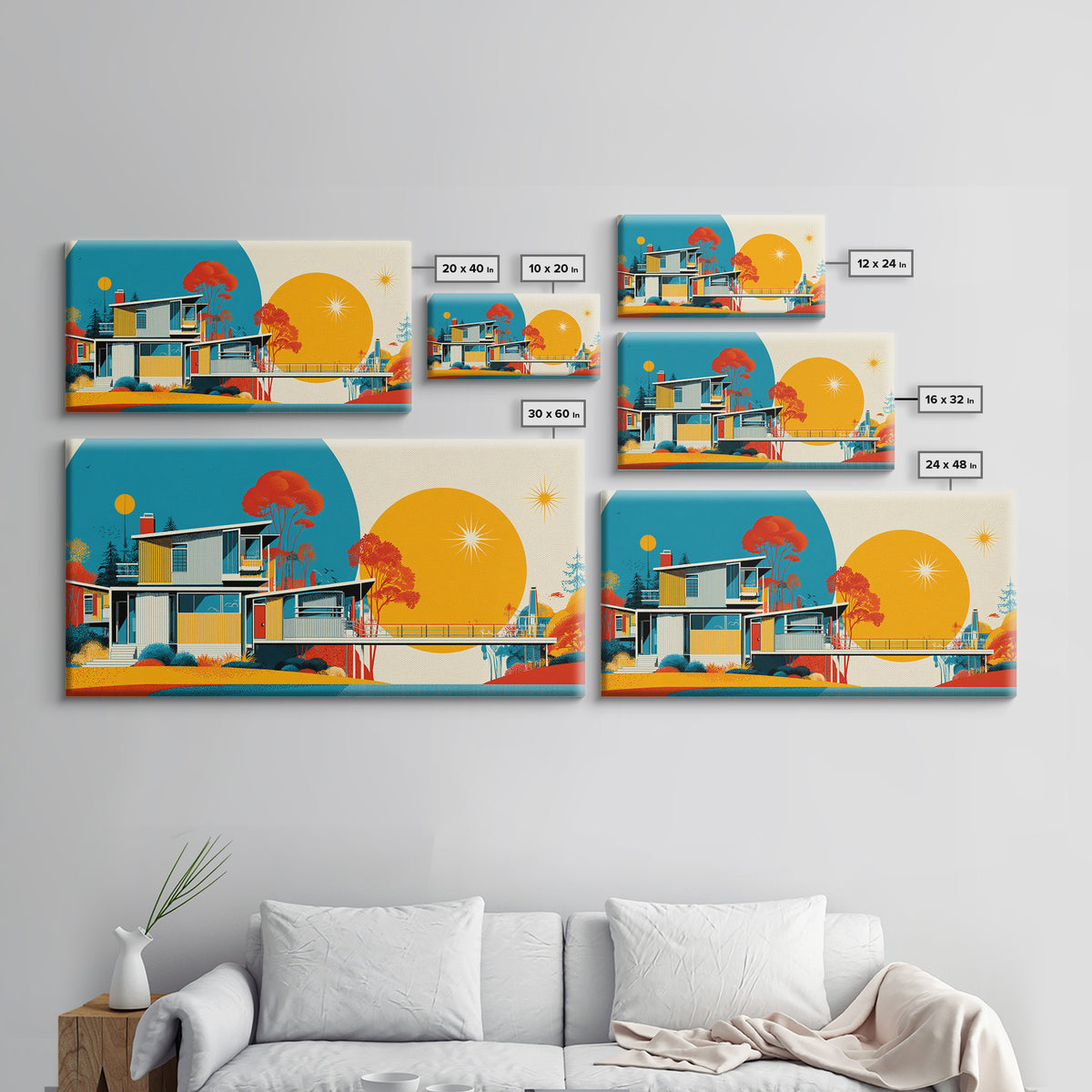 Midcentury House With Teal Arch And Golden Sun Wall Art, Mid Century Modern Decor, Retro Geometric Poster, Orange Print Gift