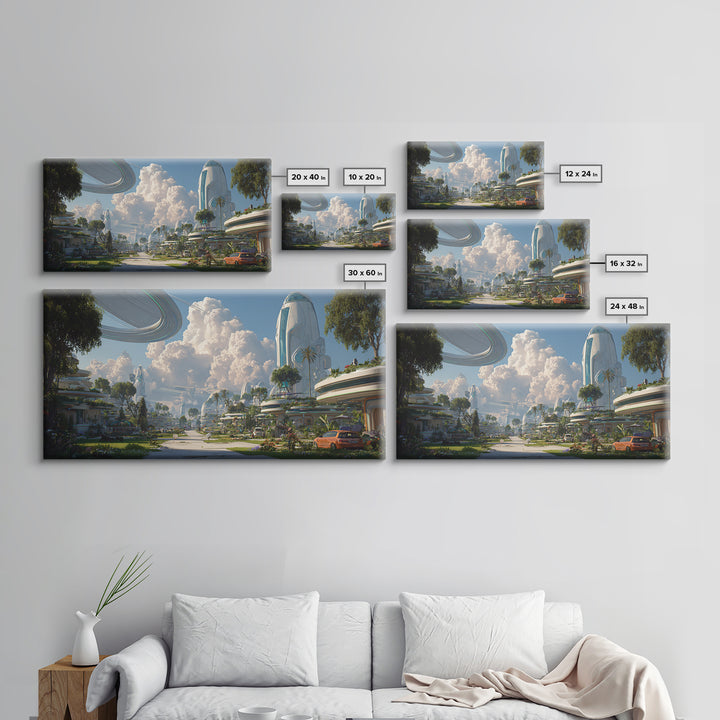 Futuristic Garden City With Rings And Towers Canvas Print, Sci Fi Wall Decor, Modern Landscape Poster, Eco Utopia Home Art