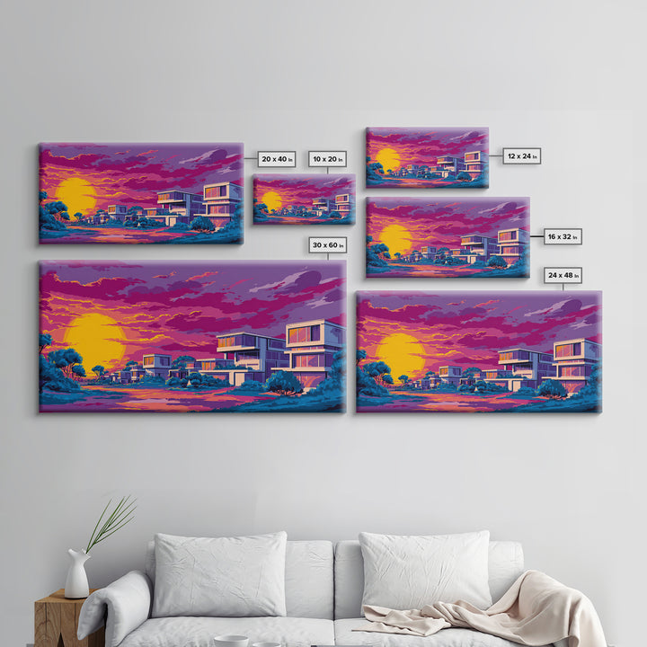 Vibrant Sunset Midcentury Homes Wall Art, Retro Modern Landscape Print, Palm Springs Decor, Colorful MCM Living Room Art