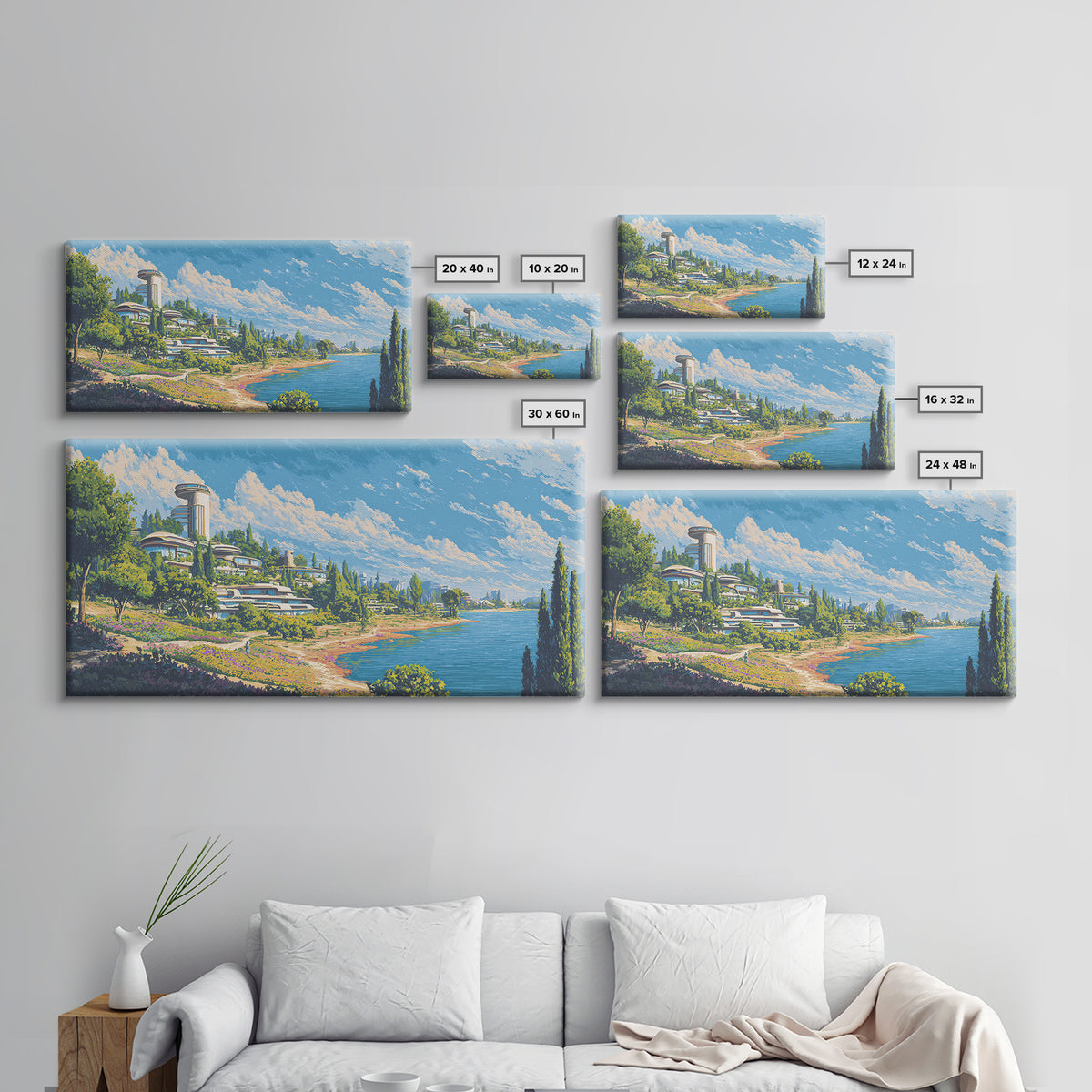 Sunny Lake Como Futuristic Villas Framed Canvas Print, Midcentury Modern Wall Art, Scenic Travel Poster, Blue Home Decor Print