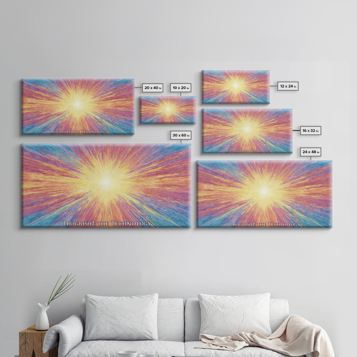 Golden Progress Technology Sunburst Wall Art, Psychedelic Op Art Print, Retro Futuristic Poster, Colorful Office Decor Gift