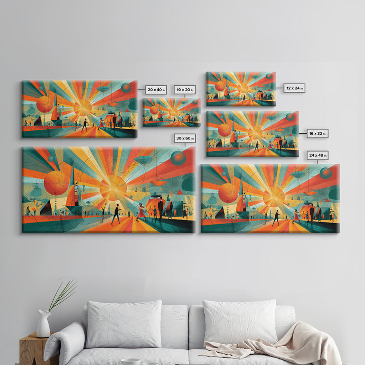 Futuristic Orange Teal City Plaza Framed Canvas Print, Atomic Midcentury Modern Wall Art, Geometric Retro Decor Poster Print