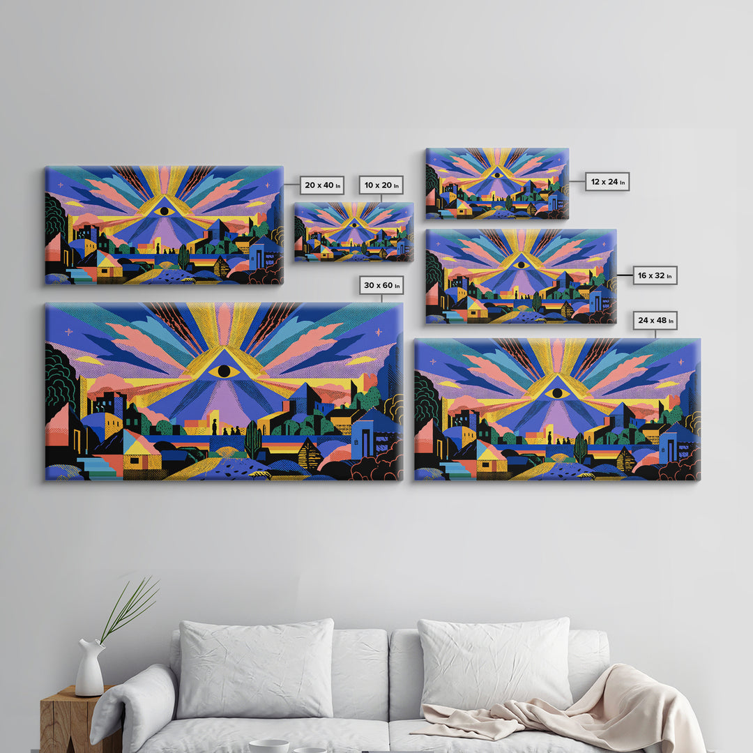 All Seeing Eye Over Colorful City Wall Art, Spiritual Midcentury Modern Print, Psychedelic Retro Poster, Mystical Decor Gift