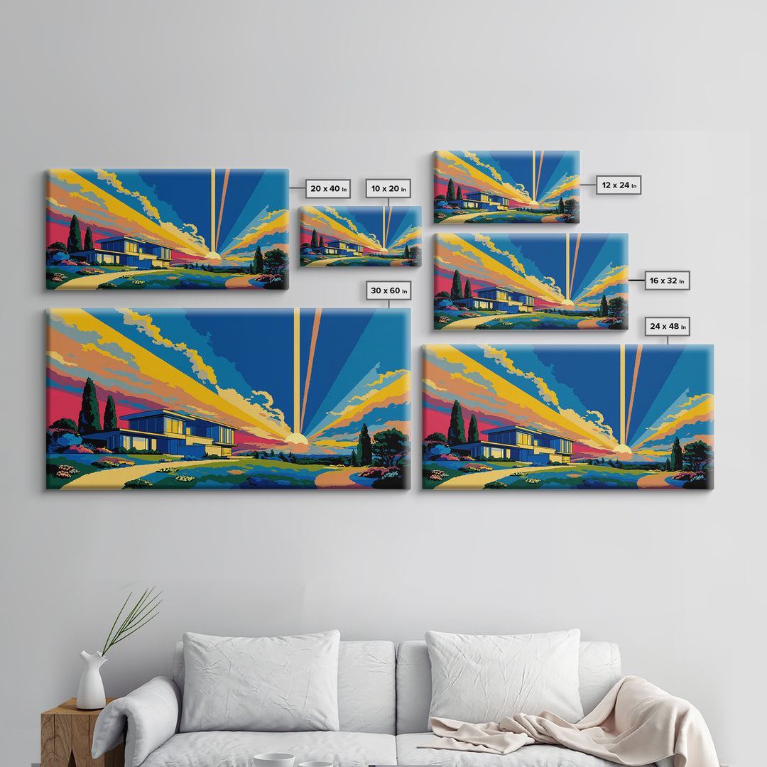 Modernist Home At Sunset Framed Canvas Print, Midcentury Modern Wall Art, Palm Springs Architecture Decor, MCM Poster Print