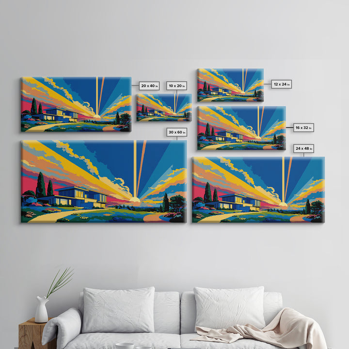 Modernist Home At Sunset Framed Canvas Print, Midcentury Modern Wall Art, Palm Springs Architecture Decor, MCM Poster Print