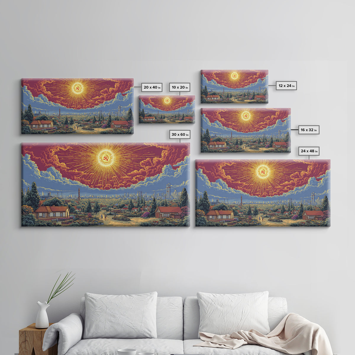Radiant Socialist Sunrise Over Garden City Wall Art, Retro Futurist Poster, Midcentury Modern Decor, Bold Landscape Print