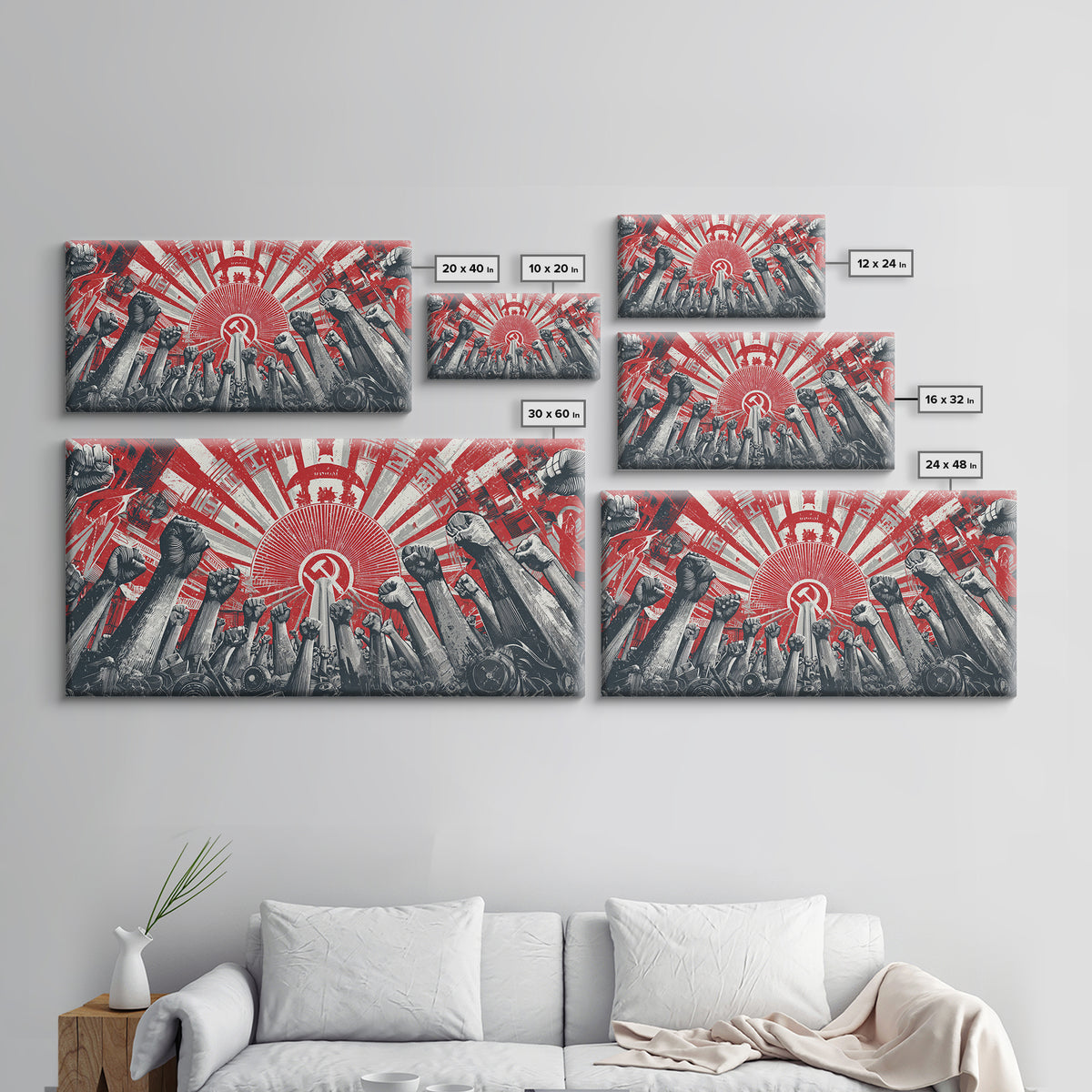 Raised Fists Revolutionary Sunburst Wall Art, Red Black Retro Poster, Midcentury Modern Decor, Bold Graphic Protest Print