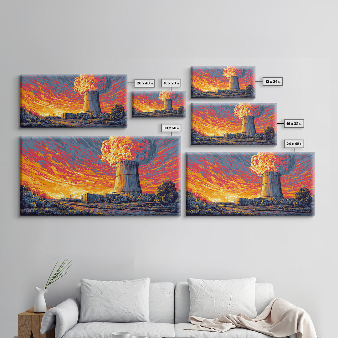 Fiery Nuclear Cooling Tower Sunset Canvas Print, Industrial Retro Futurist Poster, Midcentury Modern Wall Decor, Orange Sky Art