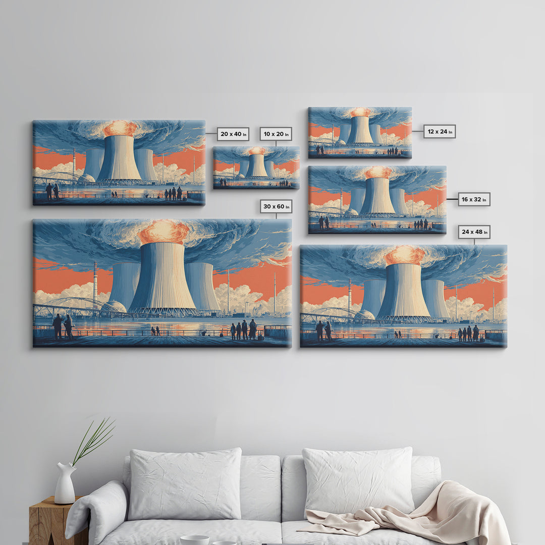 Waterfront Nuclear Power Station Framed Canvas Print, Retro Futurist Industrial Poster, Midcentury Modern Wall Art Decor