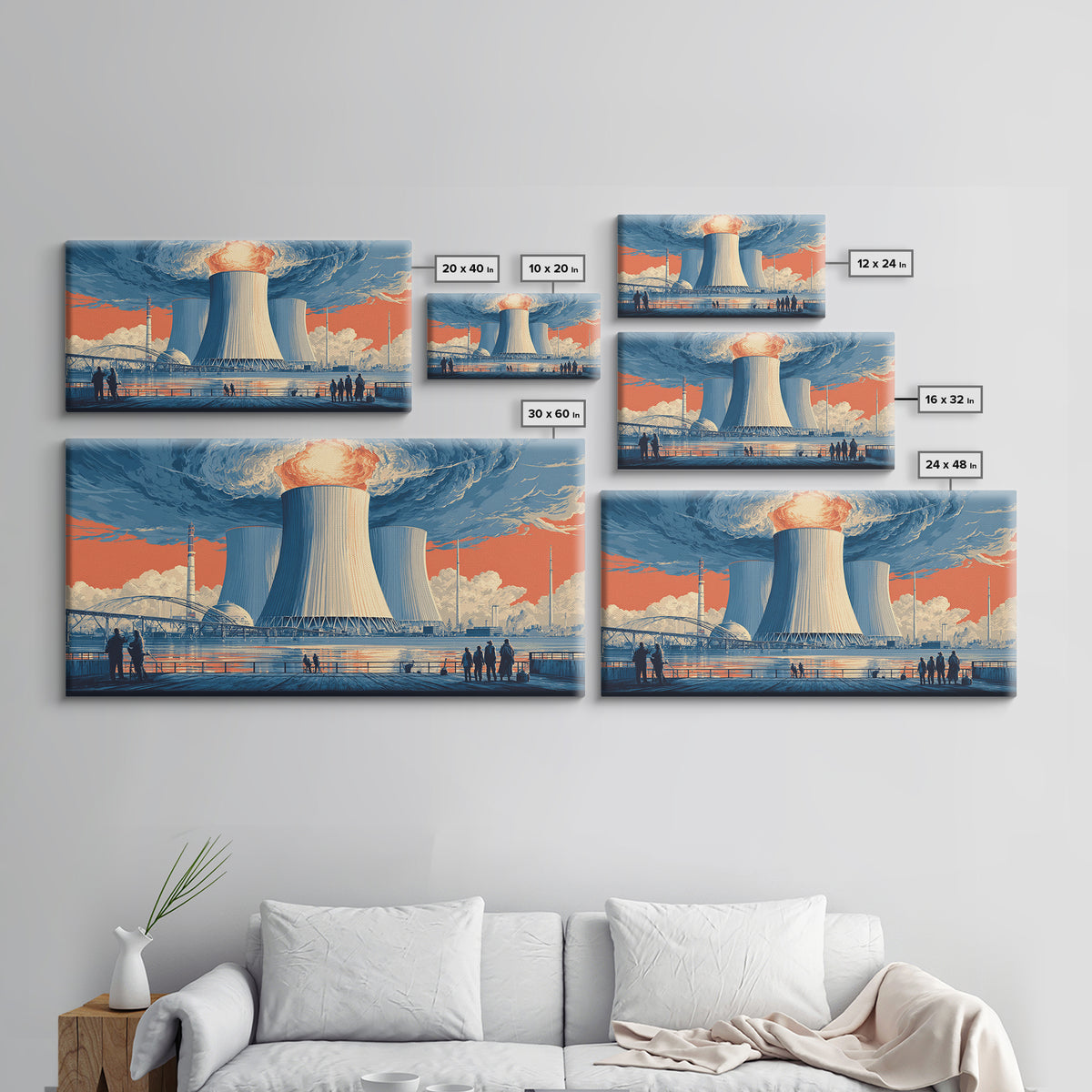 Waterfront Nuclear Power Station Framed Canvas Print, Retro Futurist Industrial Poster, Midcentury Modern Wall Art Decor