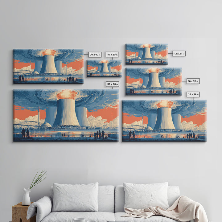 Waterfront Nuclear Power Station Framed Canvas Print, Retro Futurist Industrial Poster, Midcentury Modern Wall Art Decor