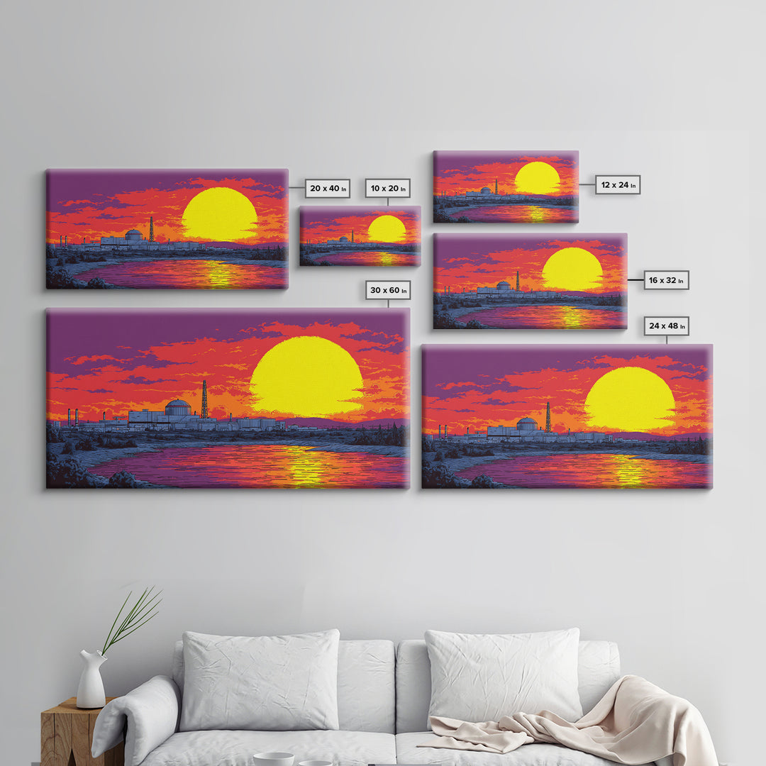 Purple Sunset Nuclear Plant Canvas Print, Retro Futurist Industrial Poster, Midcentury Modern Wall Art, Orange Lake Decor