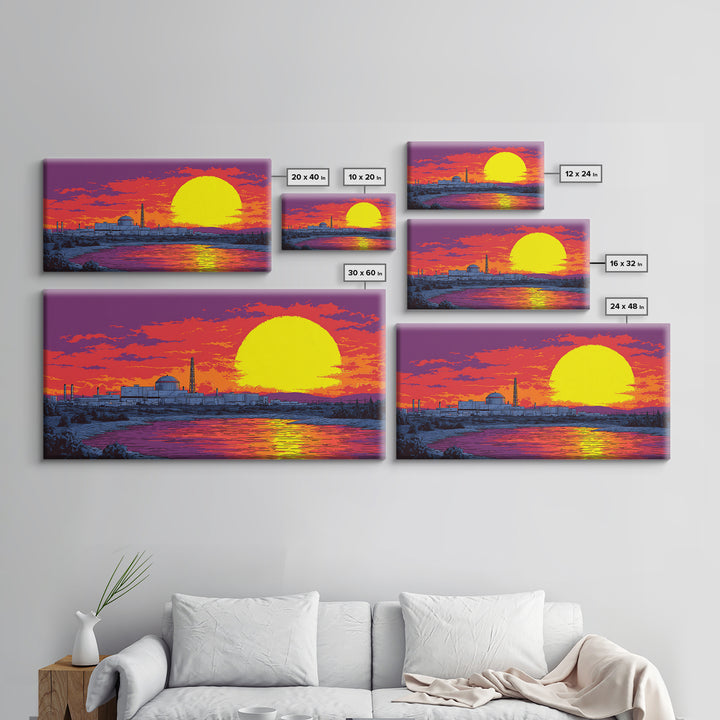 Purple Sunset Nuclear Plant Canvas Print, Retro Futurist Industrial Poster, Midcentury Modern Wall Art, Orange Lake Decor