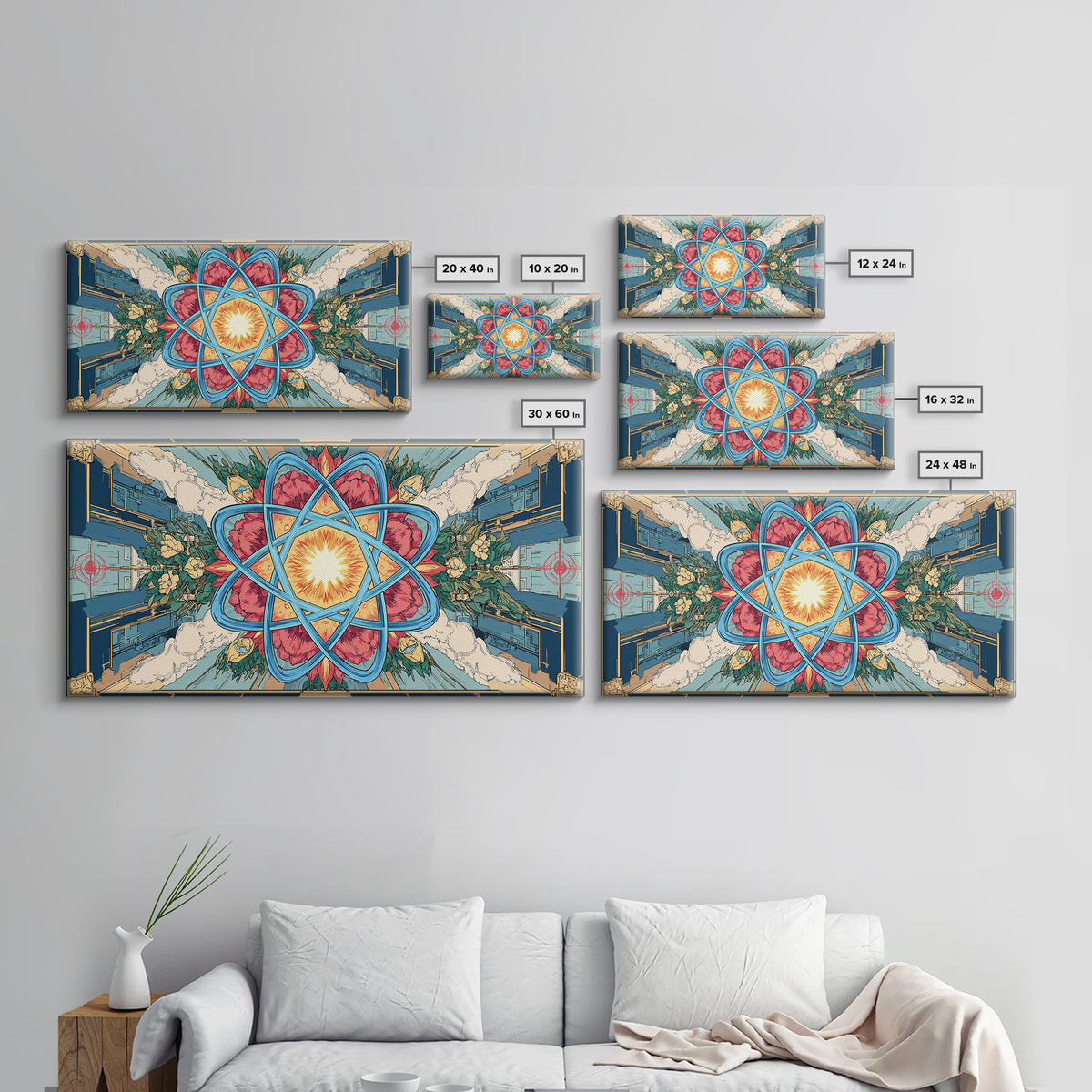 Ornate Atomic Starburst Kaleidoscope Framed Canvas Print, Symmetrical Retro Futurist Poster, Midcentury Modern Wall Art Decor