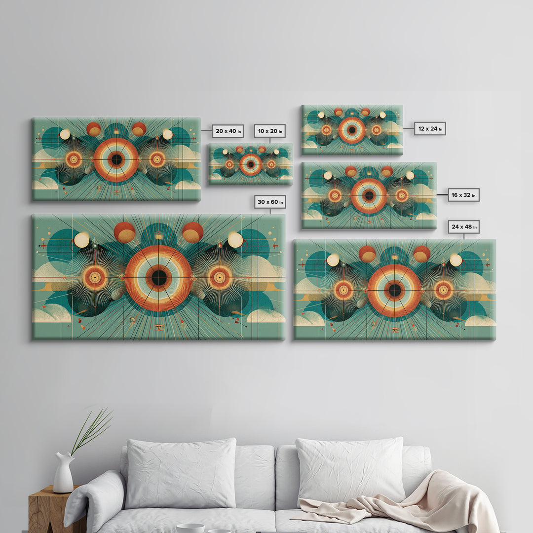 Cosmic Eye With Planets And Sunbursts Wall Art, Atomic Retro Futurist Poster, Midcentury Modern Geometric Teal Decor Print