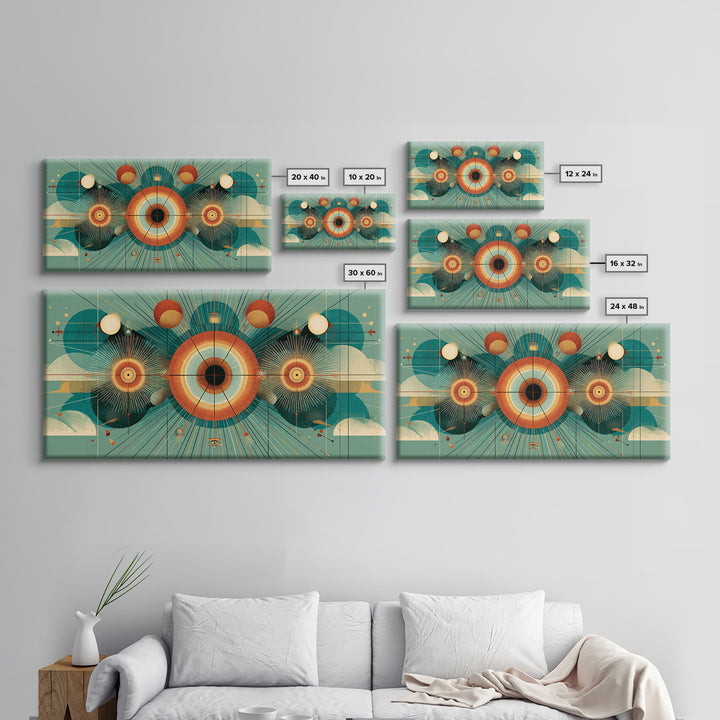 Cosmic Eye With Planets And Sunbursts Wall Art, Atomic Retro Futurist Poster, Midcentury Modern Geometric Teal Decor Print