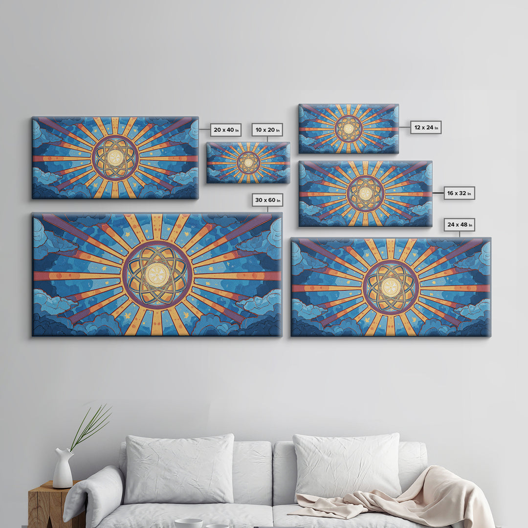 Celestial Atomic Starburst In Blue Clouds Canvas Print, Retro Futurist Midcentury Modern Wall Art, Geometric Poster Decor