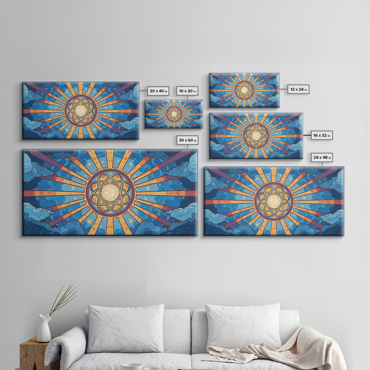 Celestial Atomic Starburst In Blue Clouds Canvas Print, Retro Futurist Midcentury Modern Wall Art, Geometric Poster Decor
