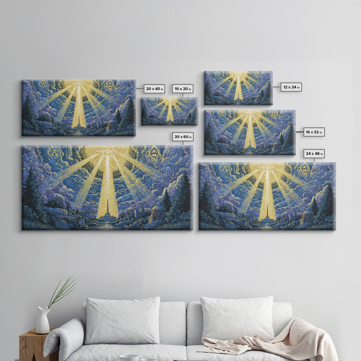 Mystic Mountain Valley With Divine Light Framed Canvas Print, Spiritual Wall Art, Blue Nature Decor, Celestial Home Office