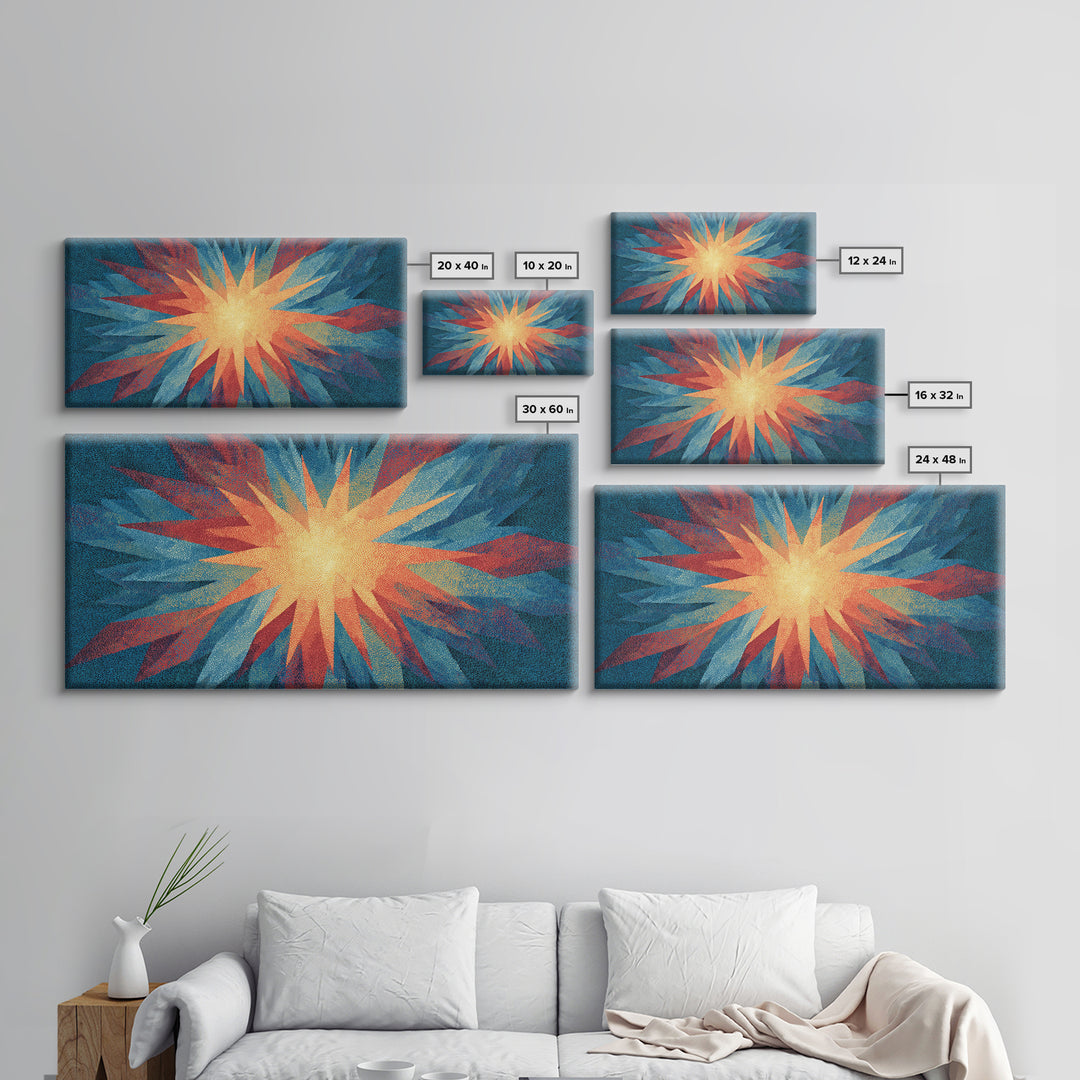 Red Blue Abstract Starburst Canvas Print, Bright Modern Wall Art, Space Abstract Art, Colorful Retro Home Office Decor Print