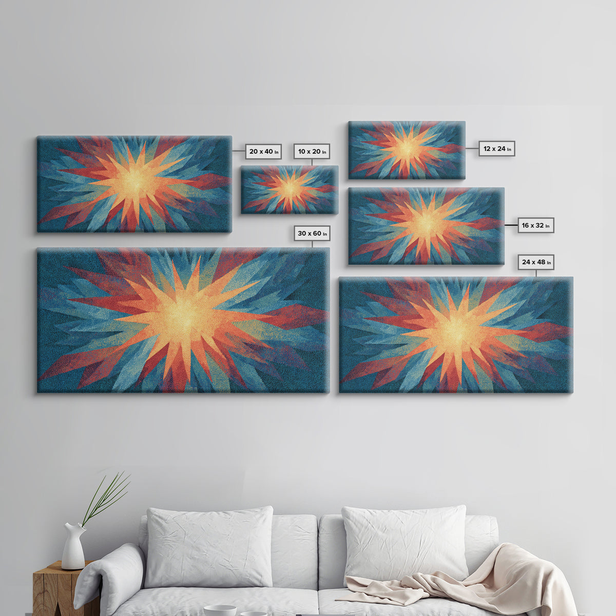 Red Blue Abstract Starburst Canvas Print, Bright Modern Wall Art, Space Abstract Art, Colorful Retro Home Office Decor Print