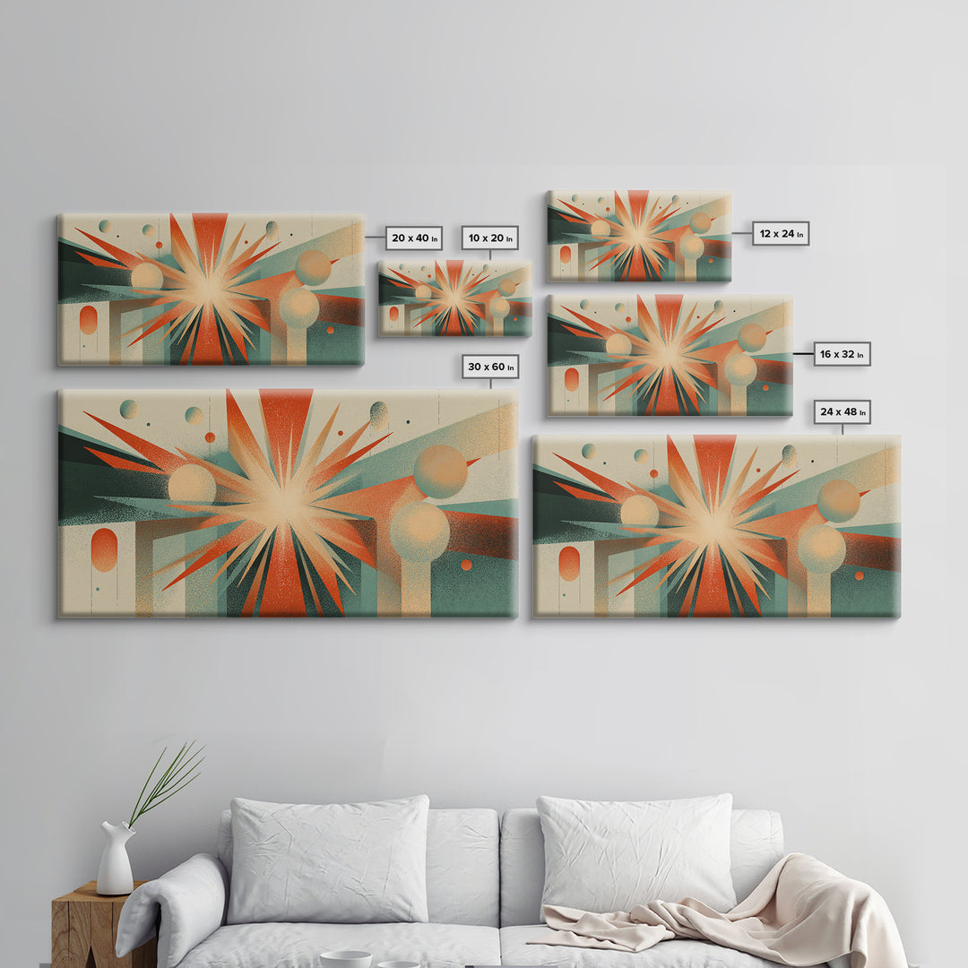 Cream Orange Teal Atomic Starburst Wall Art, Midcentury Modern Art Print, Geometric Abstract Decor, Retro Home Office Decor