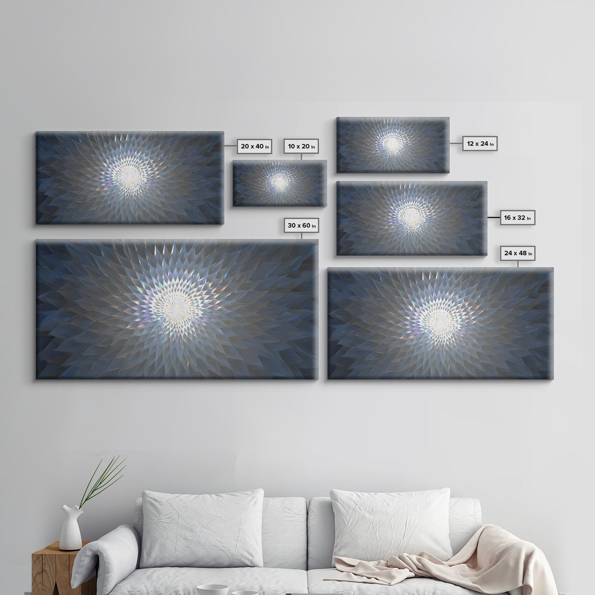 Blue Crystal Radial Mandala Framed Canvas Print, Modern Abstract Wall Art, Geometric Light Decor, Serene Home Office Decor
