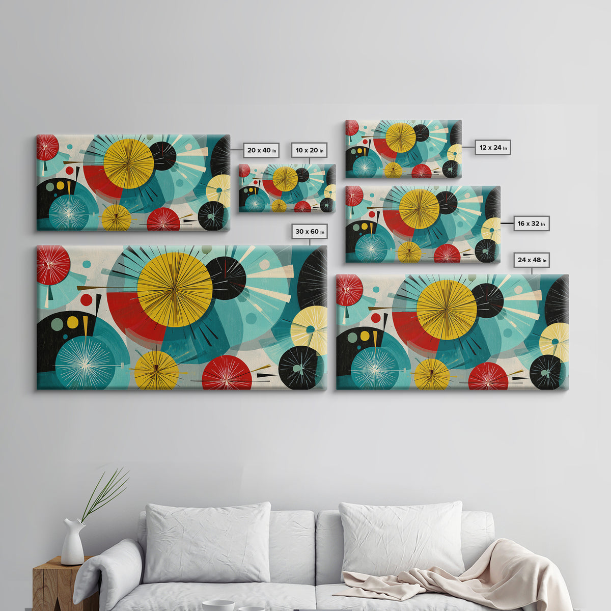 Teal Red Yellow Atomic Circles Wall Art, Midcentury Modern Abstract Art Print, Bauhaus Geometric Decor, Retro Home Office