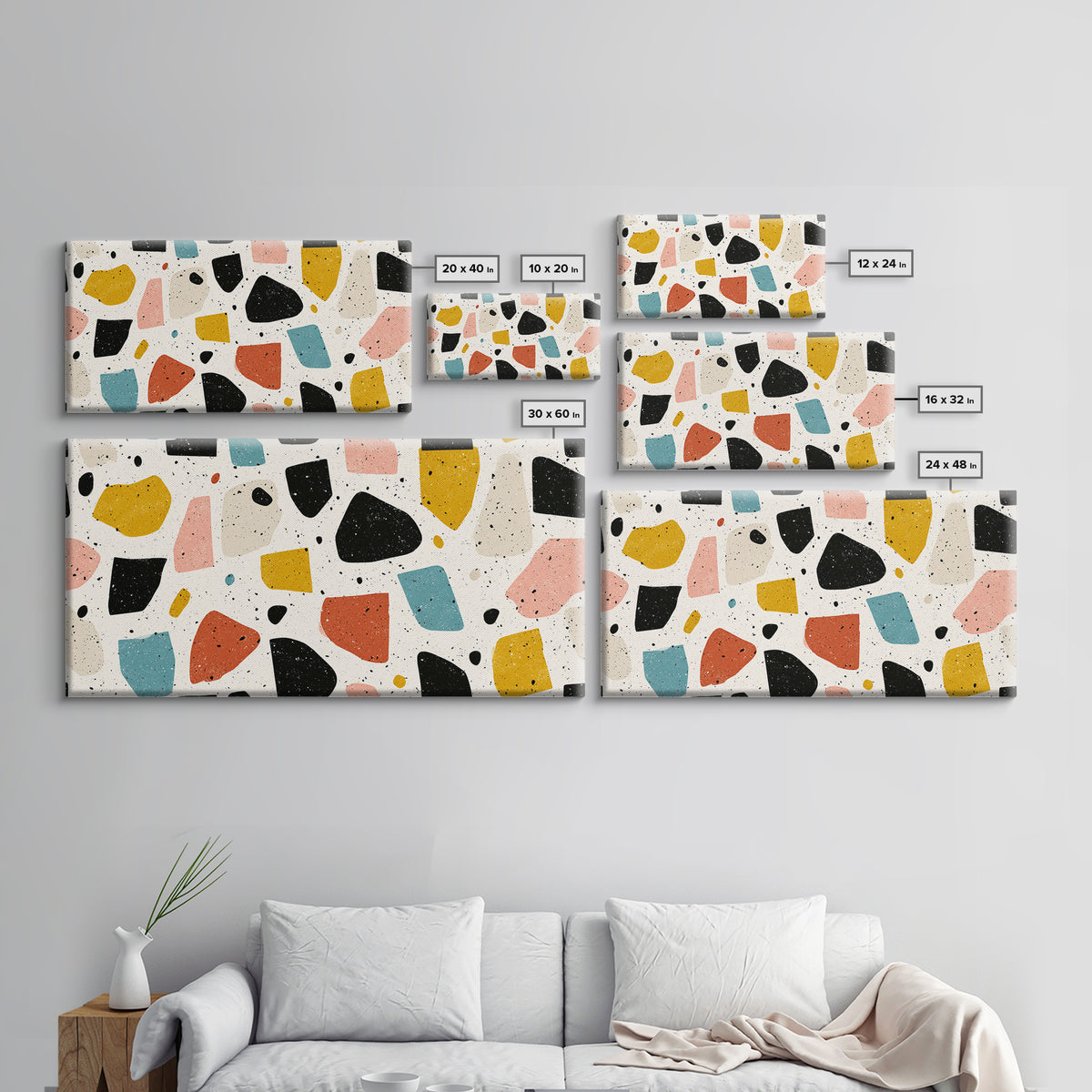 Minimal Cream Terrazzo Shapes Framed Canvas Print, Midcentury Modern, Geometric Wall Art, Abstract Print, Office Decor, Neutral Colors