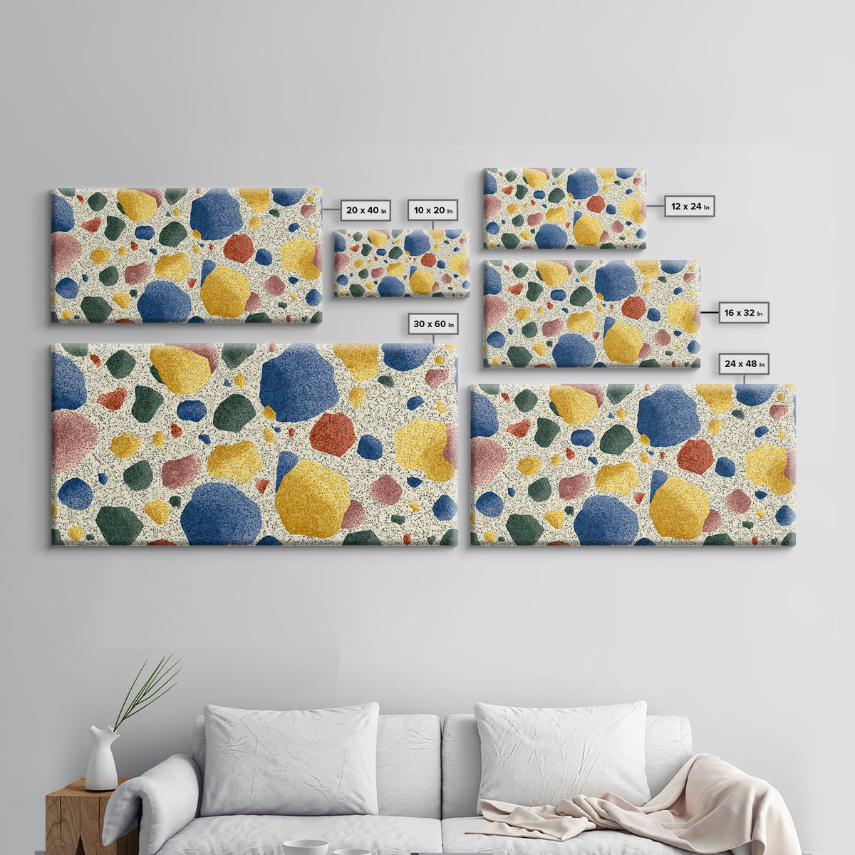 Soft Primary Terrazzo Pebble Canvas Print, Scandinavian Modern, Geometric Wall Art, Colorful Home Decor, Gallery Wall Art